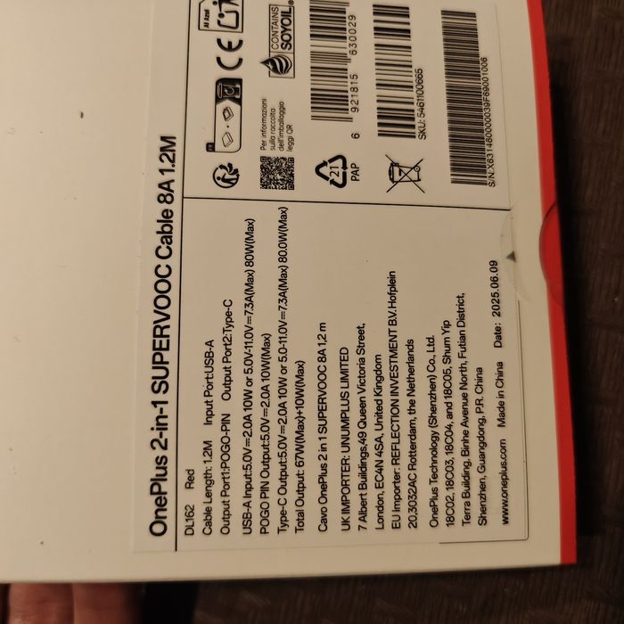 Cabo OnePlus Supervooc 2 em 1- 80W