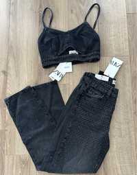 Zara komplet jeansy brokatowy cyrkonie