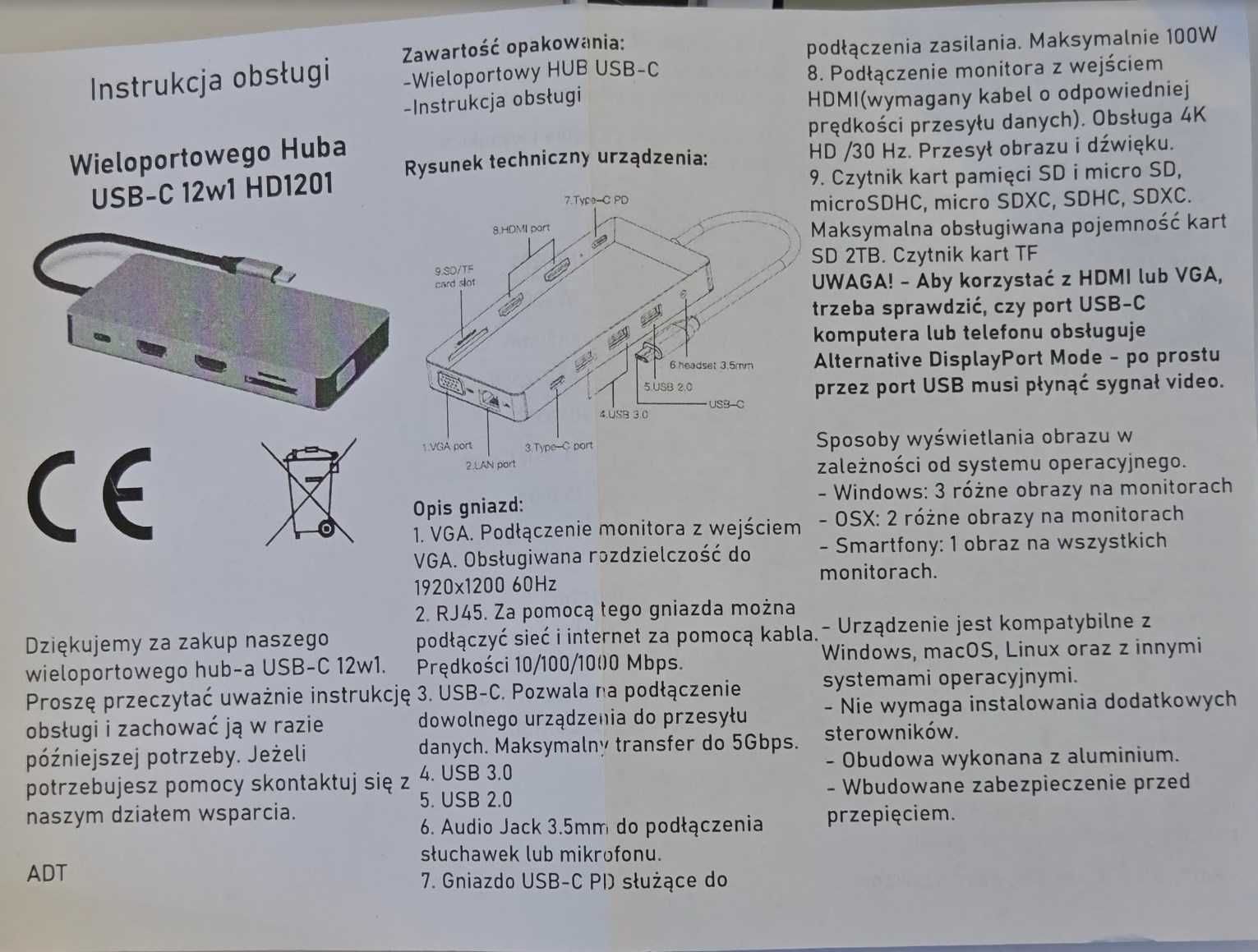 stacja dokująca 12 w 1 HUB USB-C PD 2x HDMI LAN USB 3.0 2.0 VGA