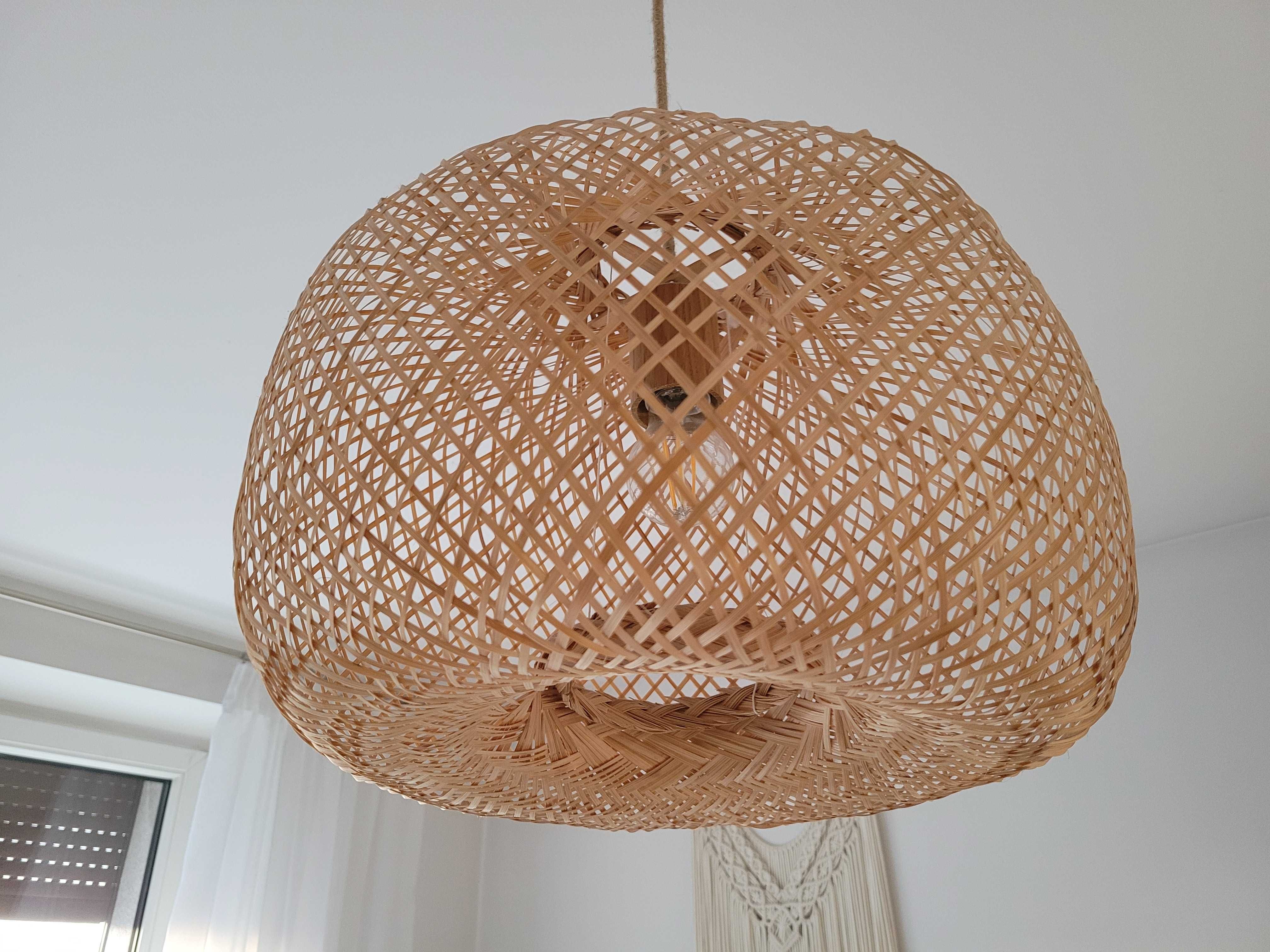 Lampa wisząca klosz rattan boho oprawa dębowa