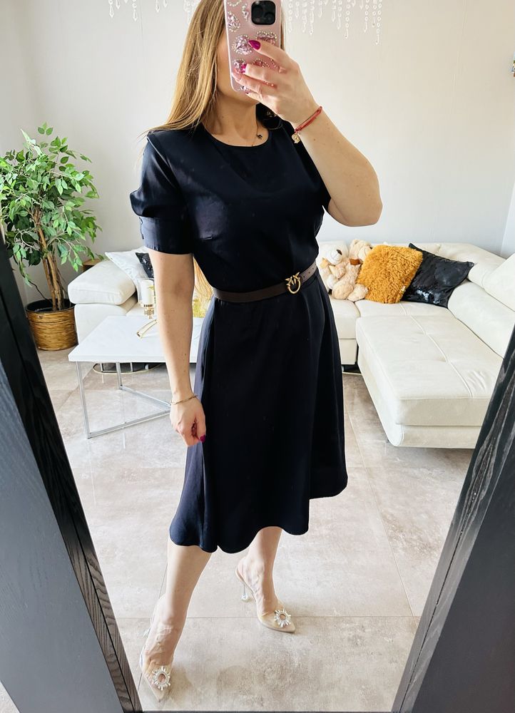 Klasyczna elegancka midi sukienka z krotkim rekawem, L, XL