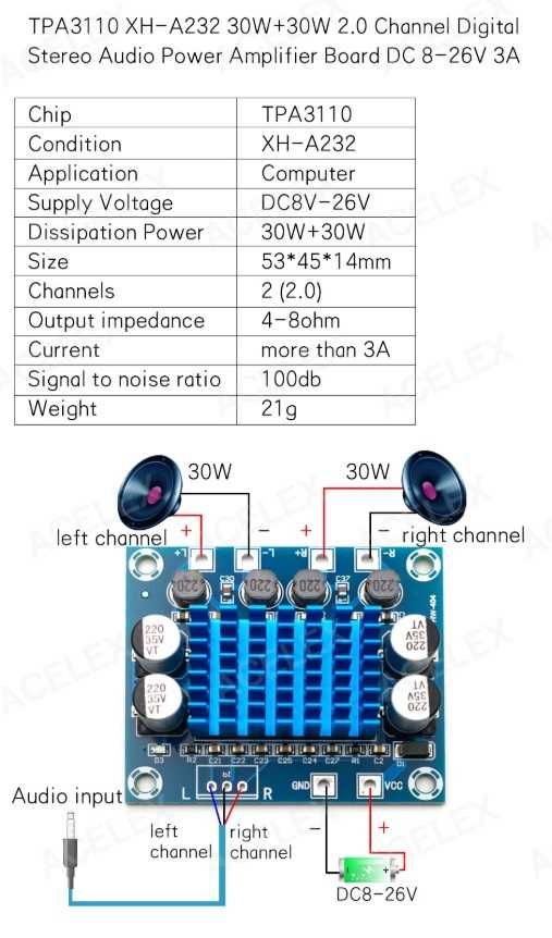 Wzmacniacz audio mocy stereo 2 x 30W TPA3110 XH-A232 8 - 26V 12V 24V