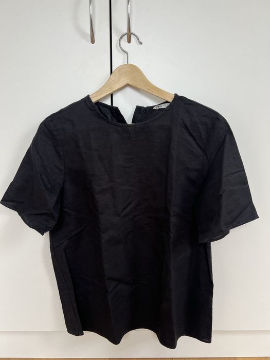 Elegancka czarna lniana bluzka z krótkim rękawem zara jak nowa