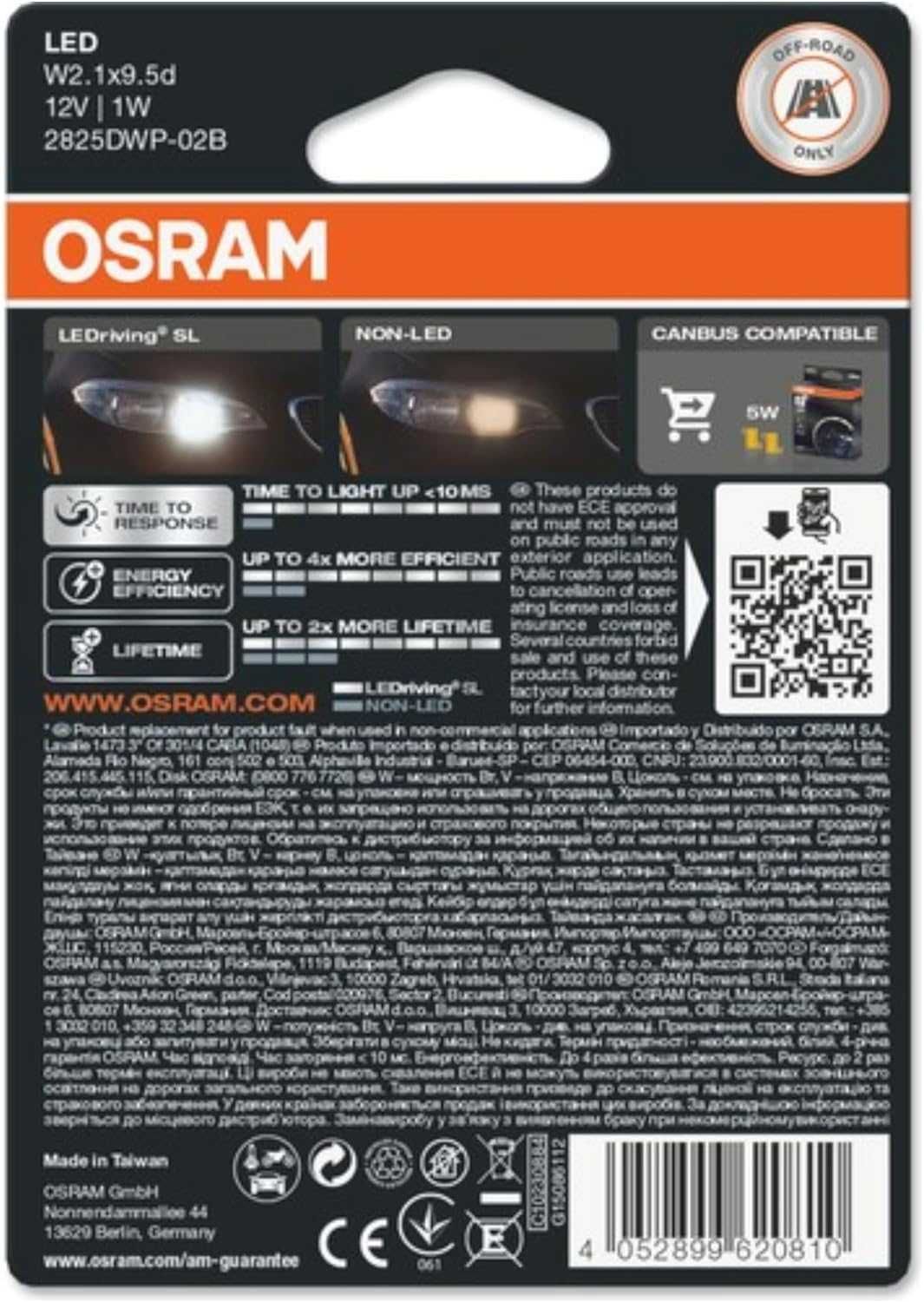 Lâmpadas auxiliares LED OSRAM W5W 1W-W2 1x9,5d, 6000 K, 12 V