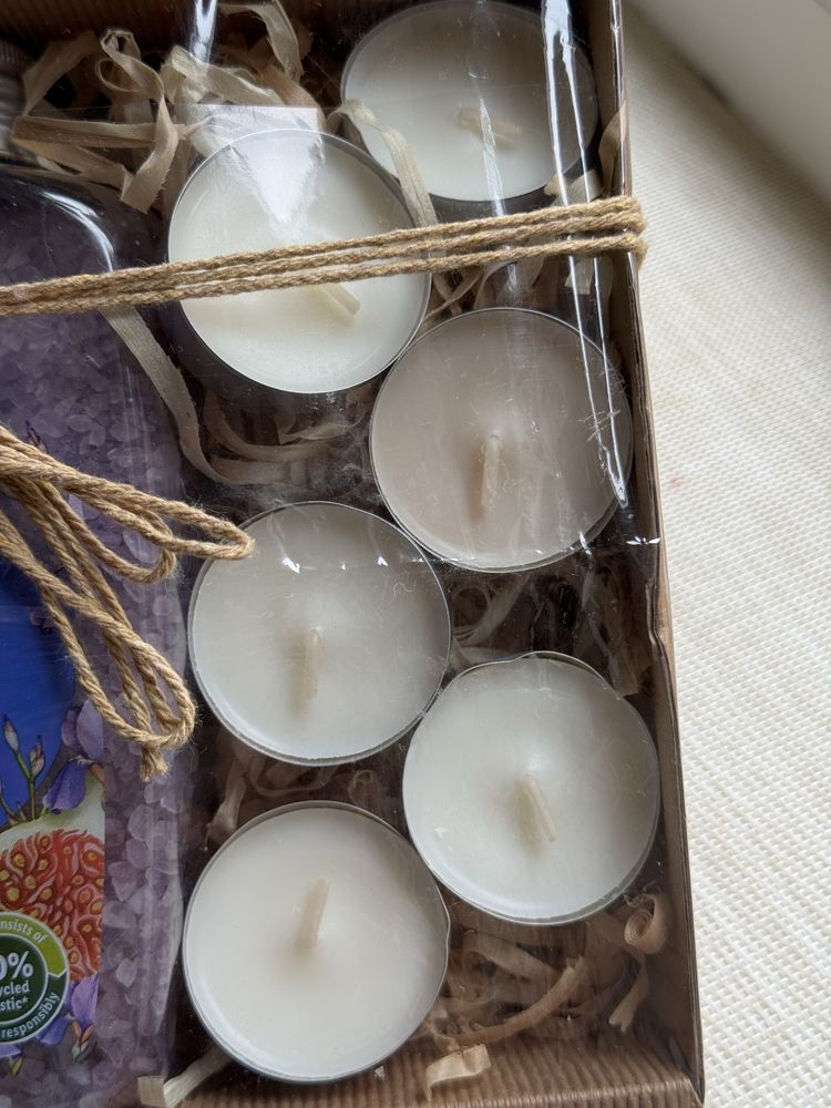 Zestaw prezentowy: sól do kąpieli + 6 świeczek zapachowych – nowy