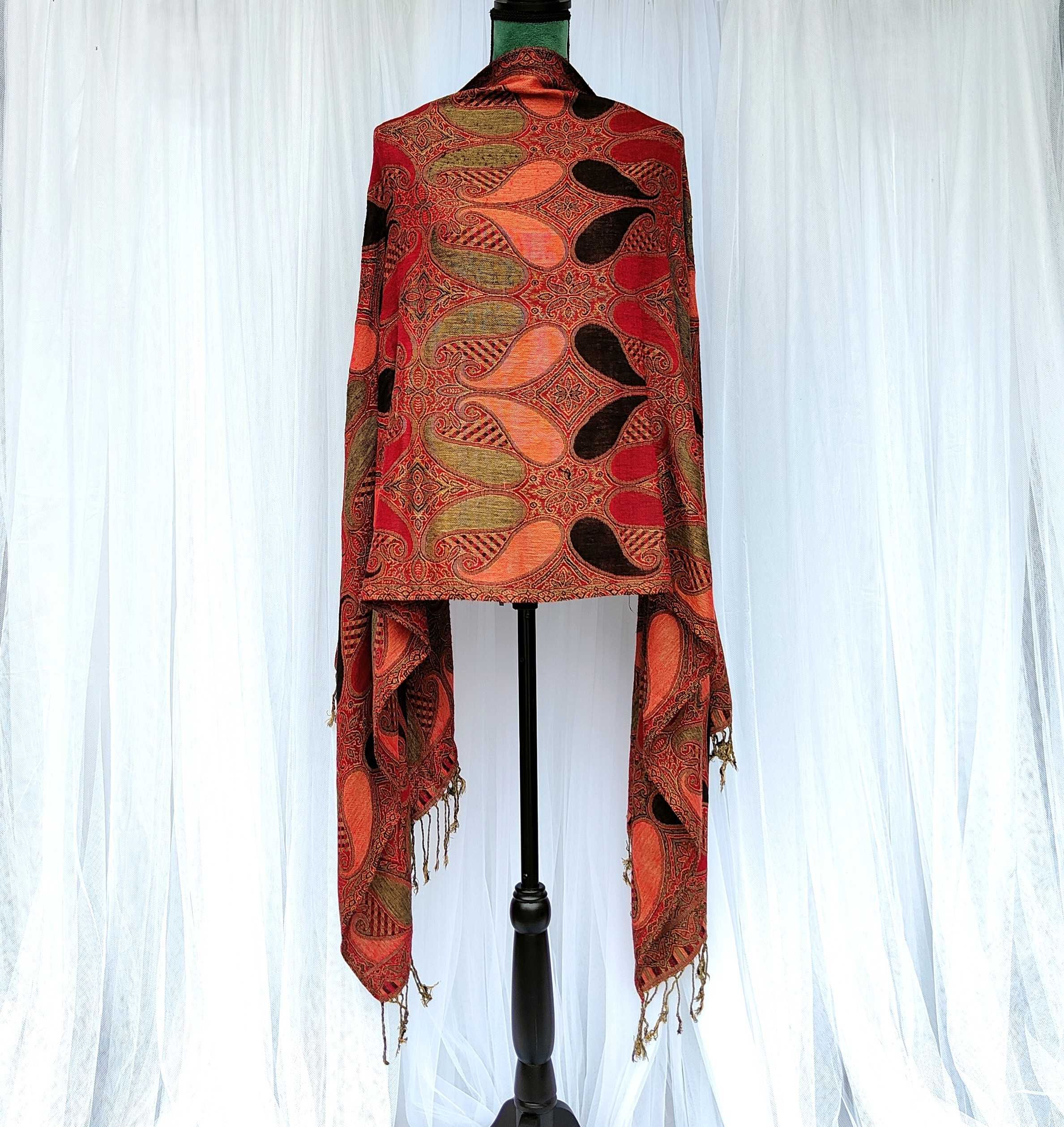 Ciepły szal szalik rudy pomarańczowy wzór orientalny boho bohemian