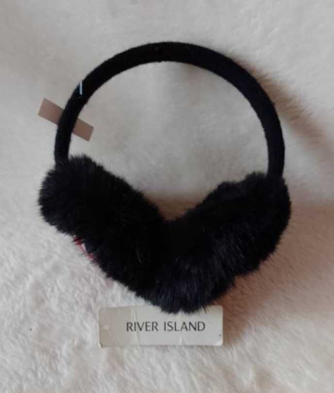 RIVER ISLAND/ Czarne, Futrzane nauszniki na głowę/ NOWE