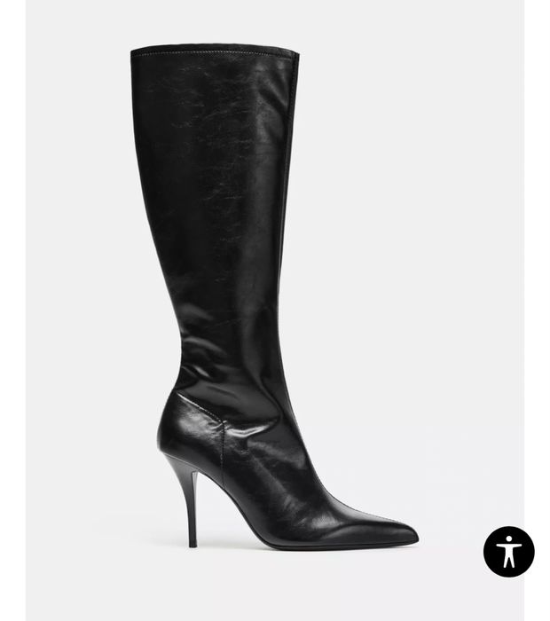 ZARA | Шкіряні чорні чоботи на підборах (9,5 см) Ботфорти
