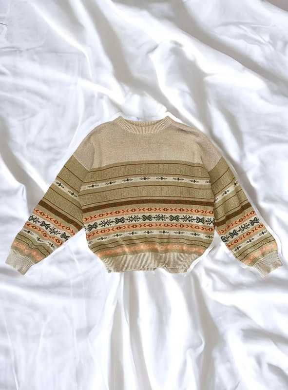 Sweter vintage retro oliwkowy wzory kolorowy r L