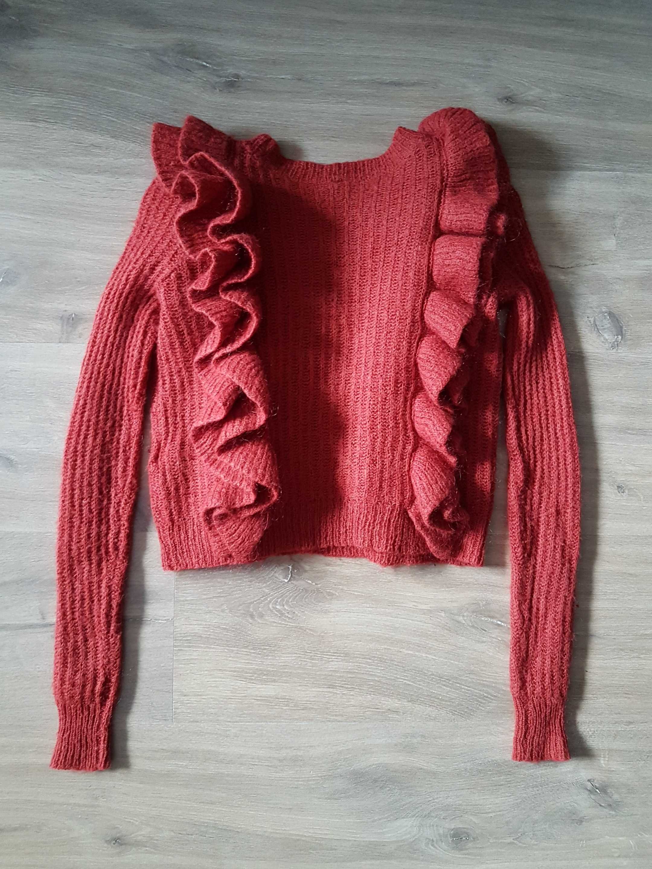 YAS rudy sweter z pionowymi falbanami roz. 140/146 10% moher 20% wełna