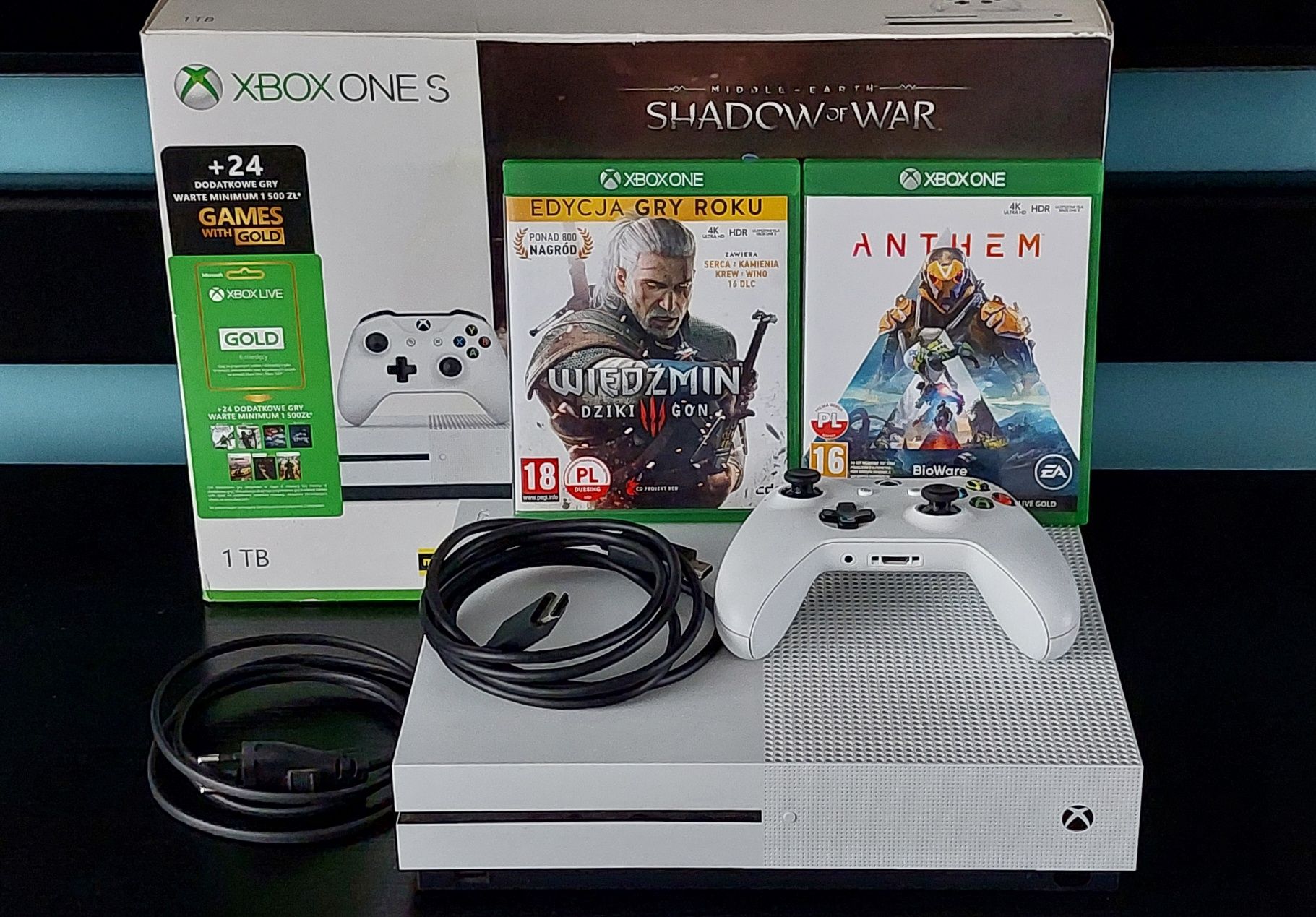 Konsola Xbox One S 1TB plus dwie gry Wiedźmin z dodatkami