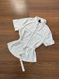 Biała satynowa bluzka koszula w paski z wiązaniem paskiem