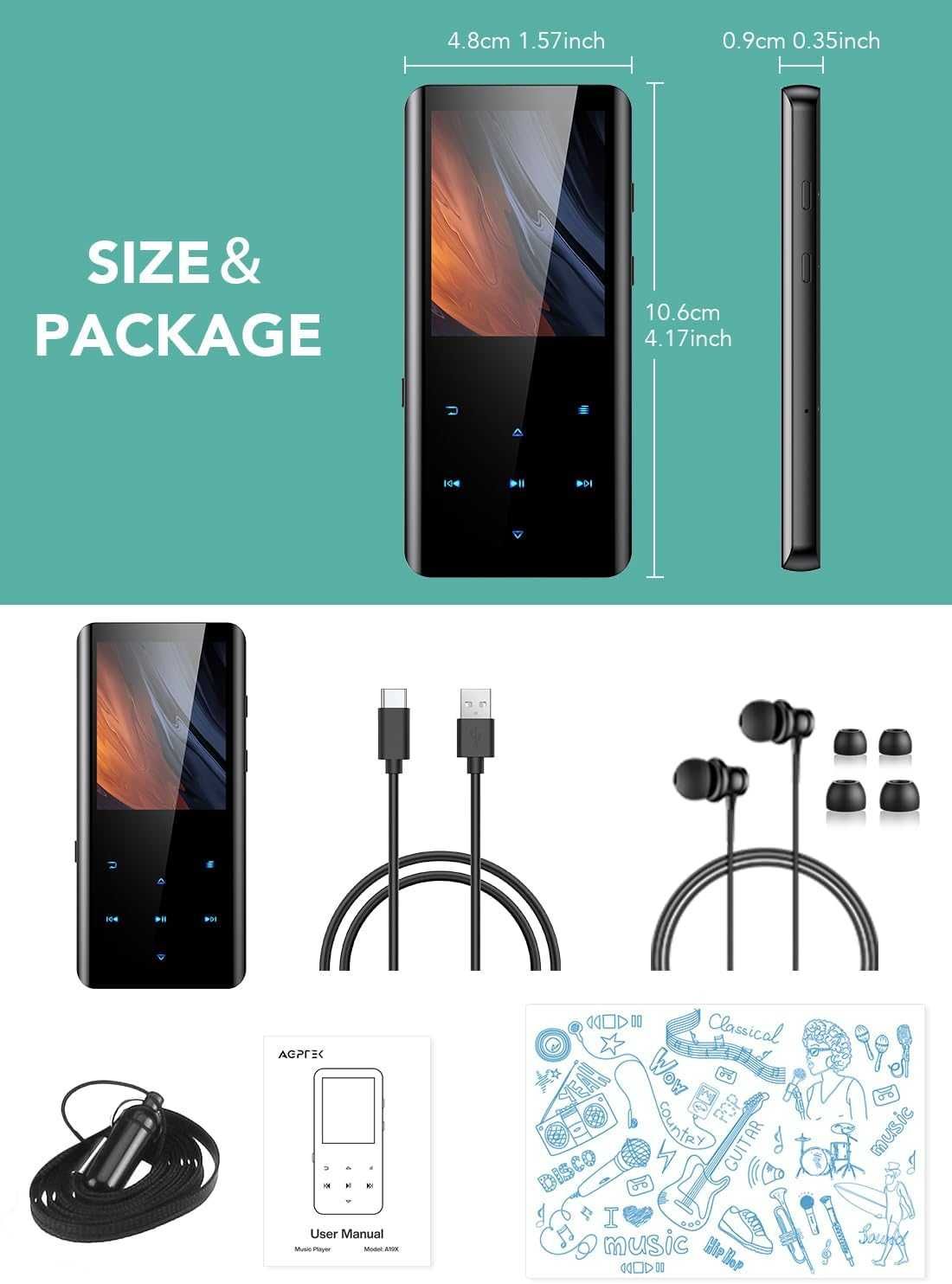 AGPTEK 64GB Bluetooth 5.3 głośnik MP3, HiFi karta TF do 128 GB, czarny
