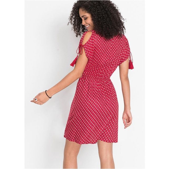 bonprix czerwona letnia sukienka damska mini boho cold shoulders 50