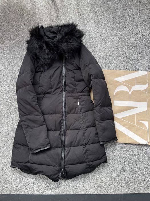 ZARA czarny puchowy płaszcz zimowy naturalny kaczy puch pikowany S