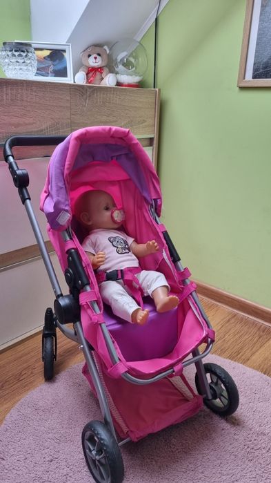 Wózek, lalka typu baby born, wanienka, zestaw ubranek i akcesoria