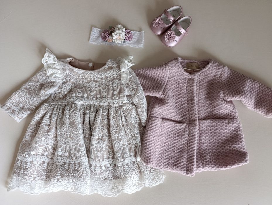 Zestaw na chrzest, komplet do chrztu dla dziewczynki, wełniany płaszcz