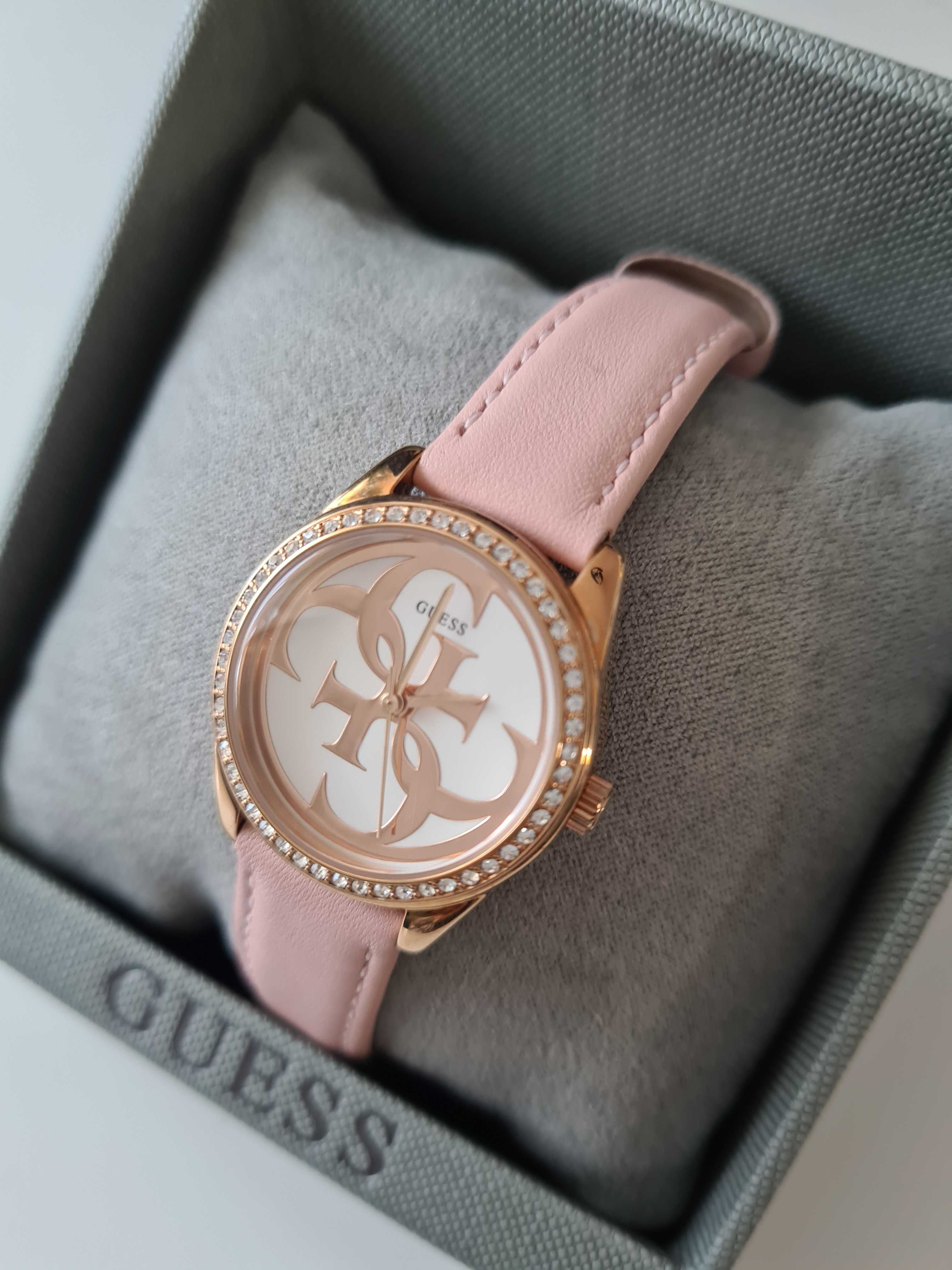 Złoty zegarek guess różowy na skorzanym pasku nowy skóra