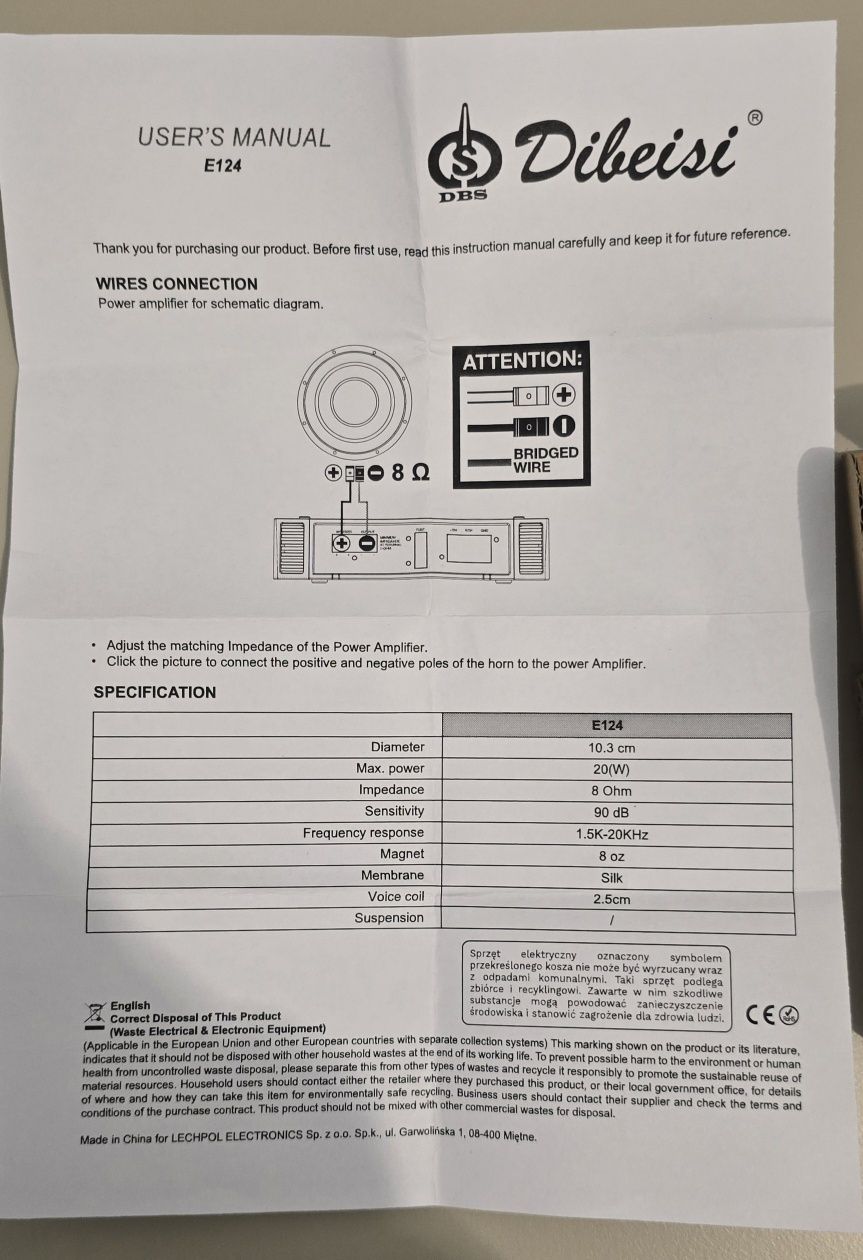 Dibeisi E124 Głośnik wysokotonowy dynamiczny, 20 Watts, 8 Ohms