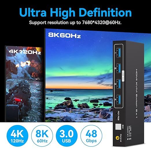VPFET 8K60Hz KVM Switch HDMI USB 3.0 dla 2 PC i 1 Monitora