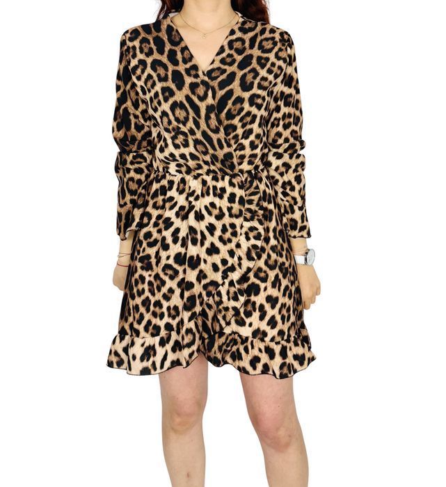 Krótka sukienka w panterkę z falbaną S 36