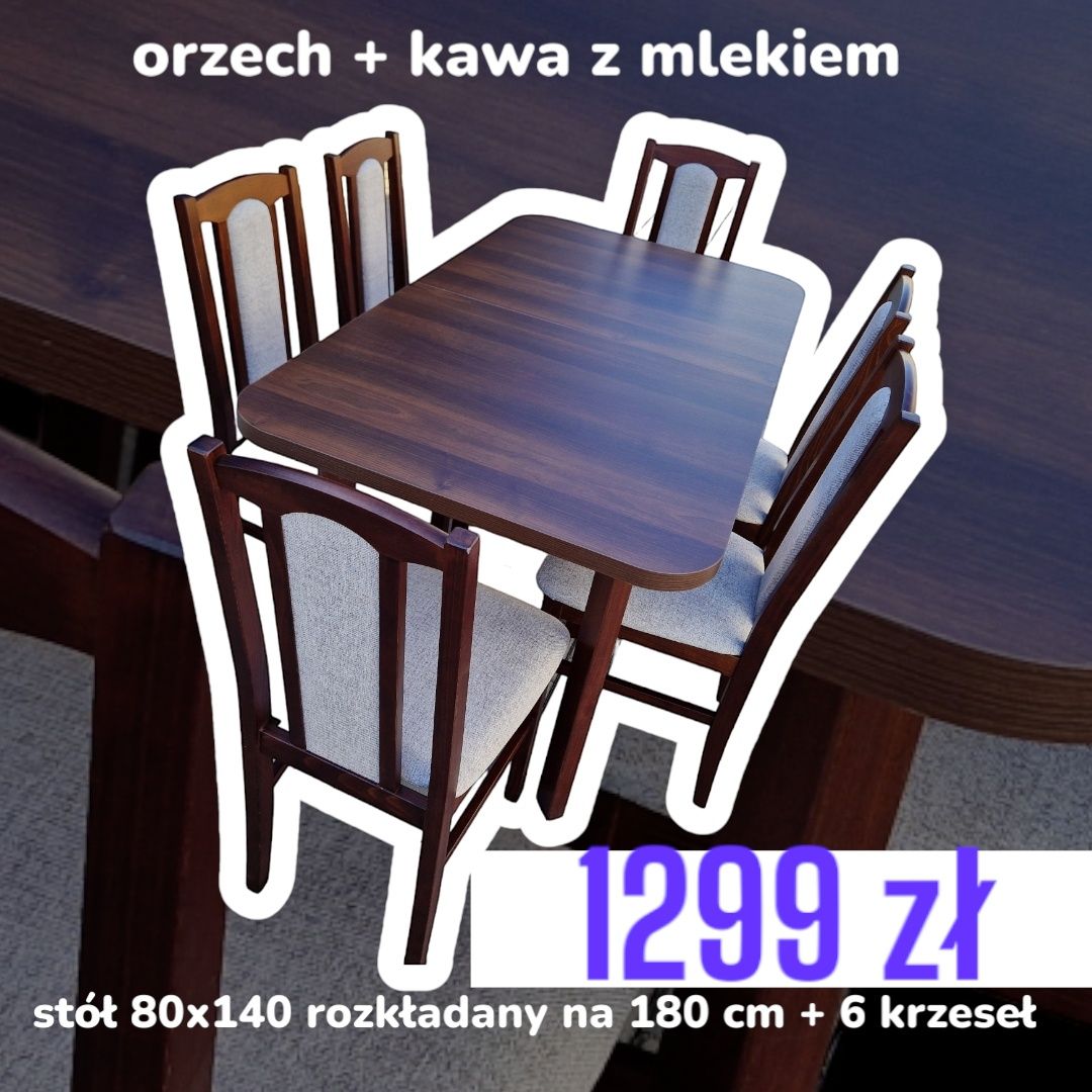 Nowe: Stół rozkładany + 6 krzeseł,  orzech + cappuccino , dostawa PL