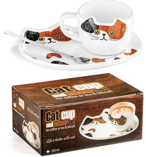 Kubek Kot Kotek ceramiczny z talerzykiem 220ml + KARTONIK
