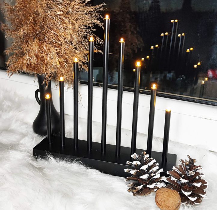 Świecznik adwentowy 9 LED czarny z ciepłą bielą do okna