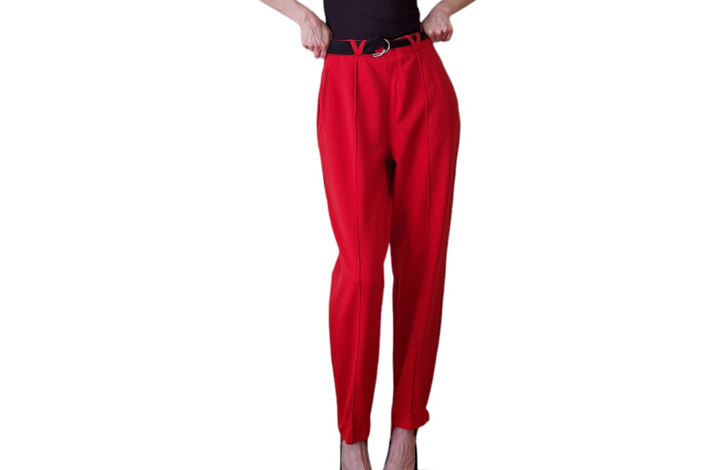Vintage czerwone spodnie bryczesy w kant wysoki stan