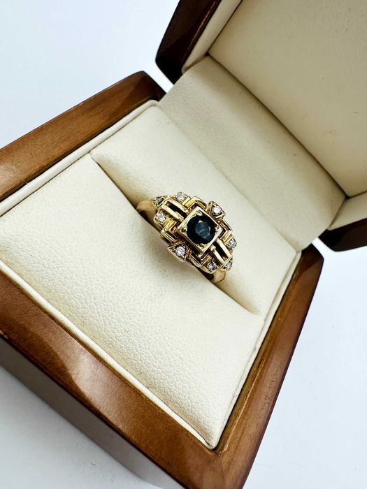 Złoty Pierścionek z Diamentami i Szafirem | 3,60g | Certyfikat!