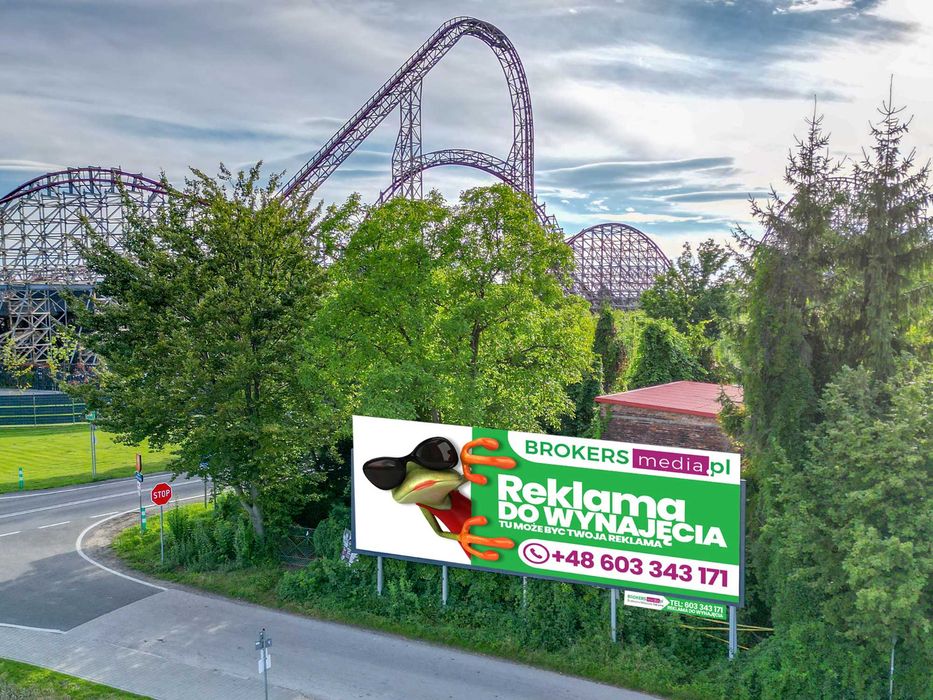 Reklama Billboard Zator Energylandia Wydruk montaż oświetlenie 12 x 3m