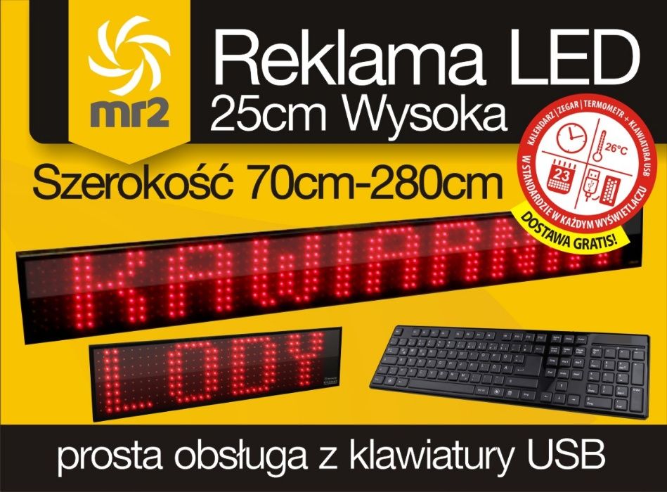 Widoczna reklama LED sterowana klawiaturą USB 3letnia gwarancja 190x25