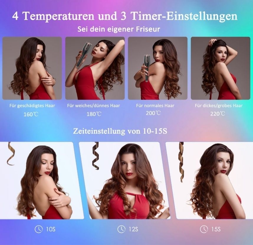 Lokówka automatyczna do włosów, 4 temperatury, obrotowy kabel 360°