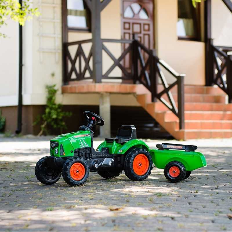 FALK Traktorek Supercharger Zielony Otwierana Maska z Przyczepką