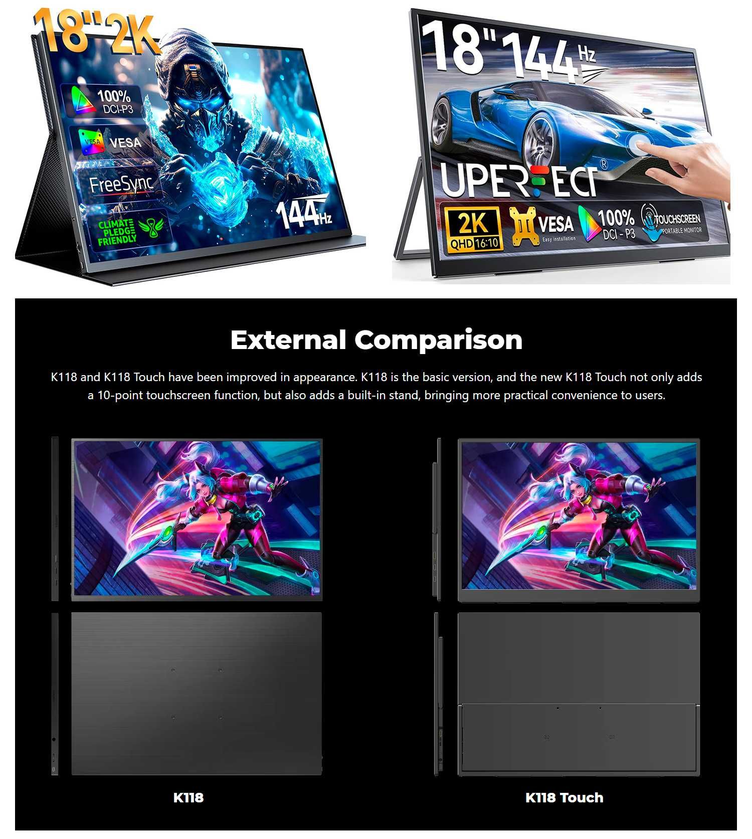 Портативний ігровий монітор UPERFECT UGame K118 18'' 2K 144Hz IPS