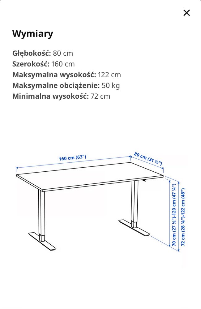 Biurko regulowane Ikea Trotten 160x 80