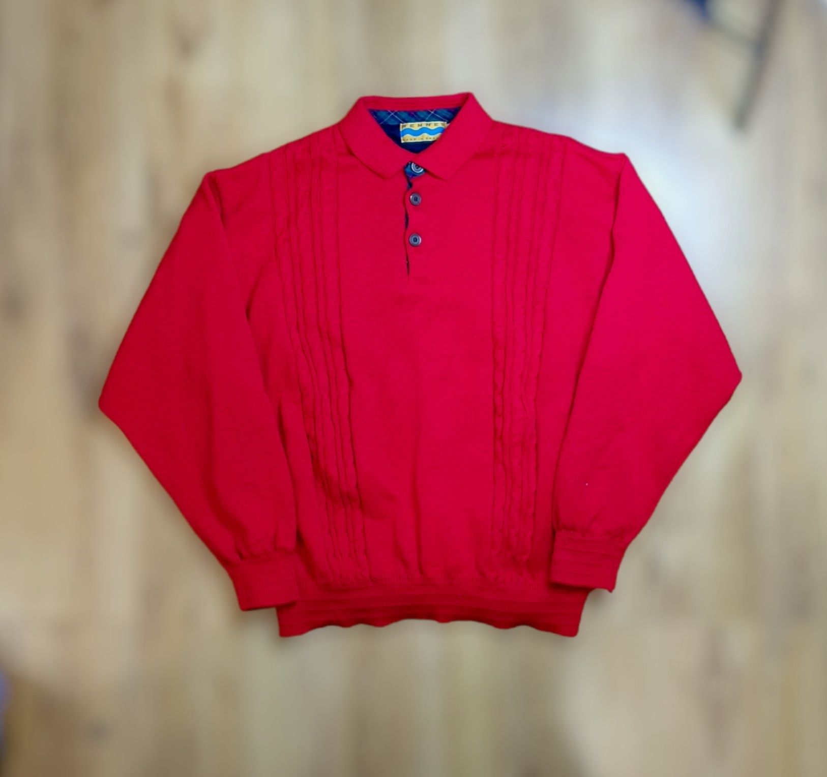 Vintage czerwony sweter świąteczny z kołnierzykiem ocieplany elegancki