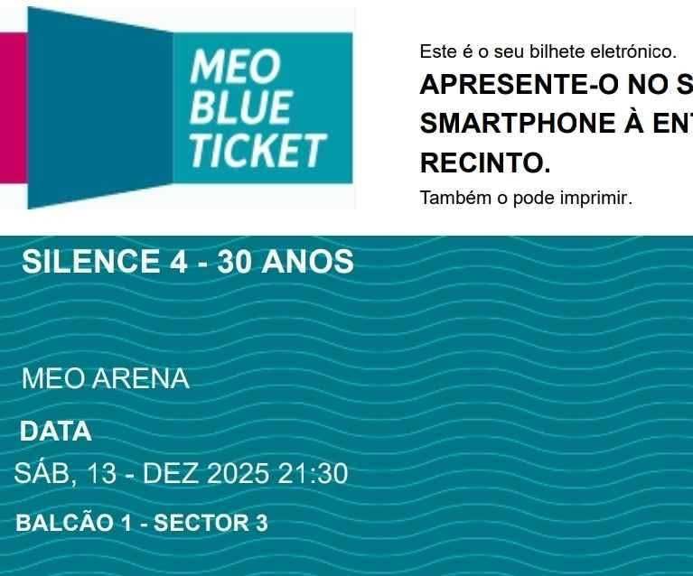 2 bilhetes Silence 4 - Balcão 1 - 13 Dezembro