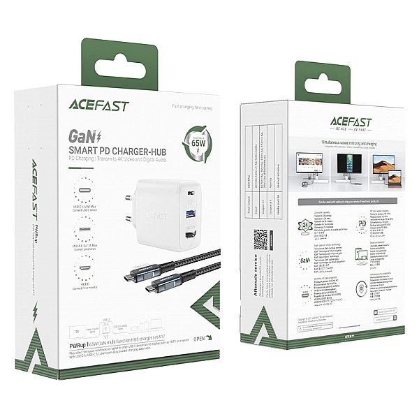 Acefast 2w1 ładowarka sieciowa GaN 65W USB Typ C / USB, adapter przejś