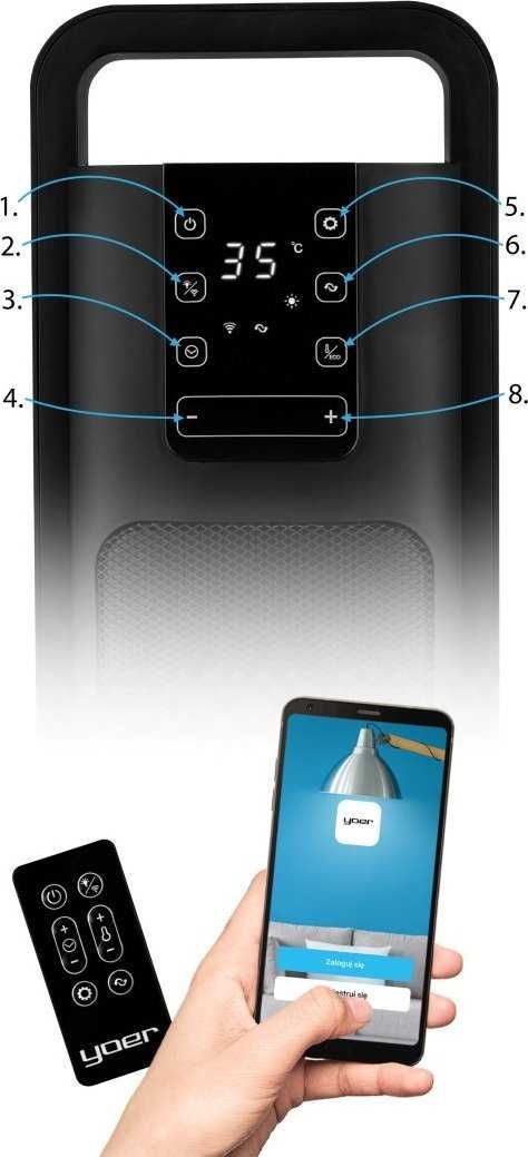 Grzejnik 2000W + WI-FI + Pilot, YOER Feno FH04BK FARELKA Elektryczna