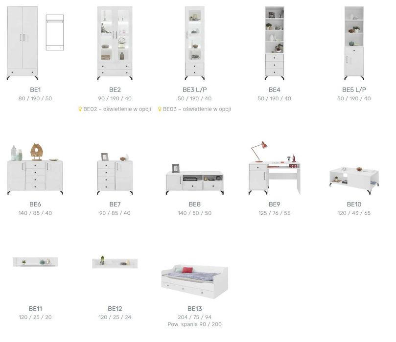 zestaw mebli młodzieżowych BIEL Połysk Regał Biurko łóżko 90x200 HIT