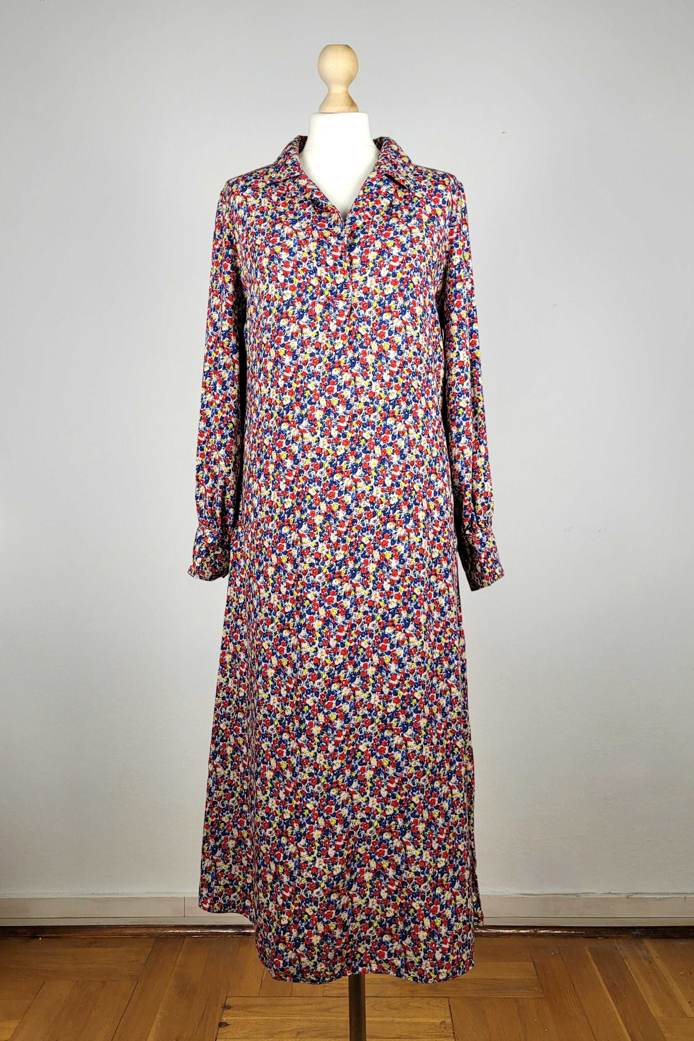 Sukienka maxi H&M sukienka koszulowa M 38 100% wiskoza kwiaty wiosenna