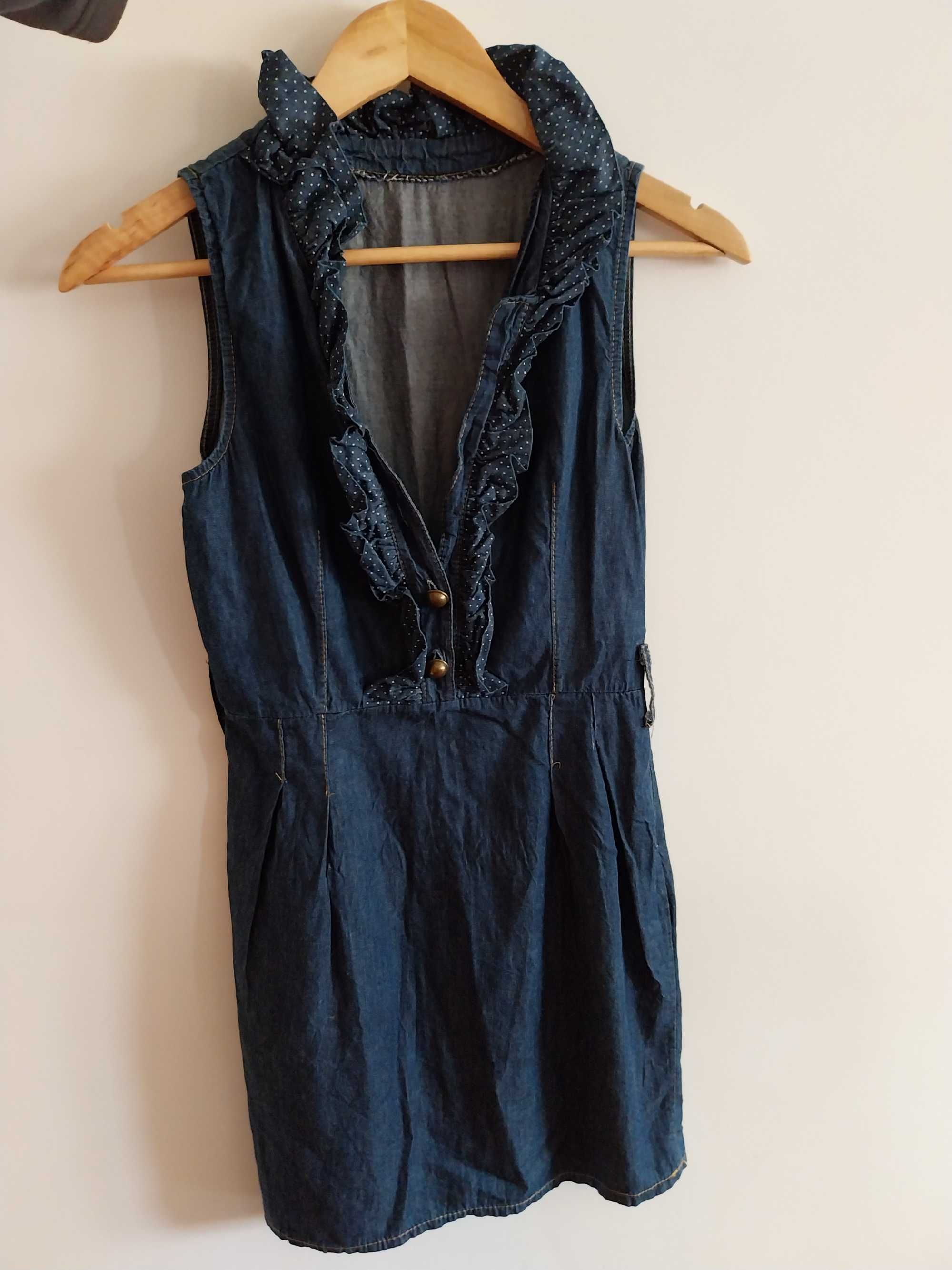 Vestido de ganga, com decote com folhos, 100% algodão, tamanho S/36