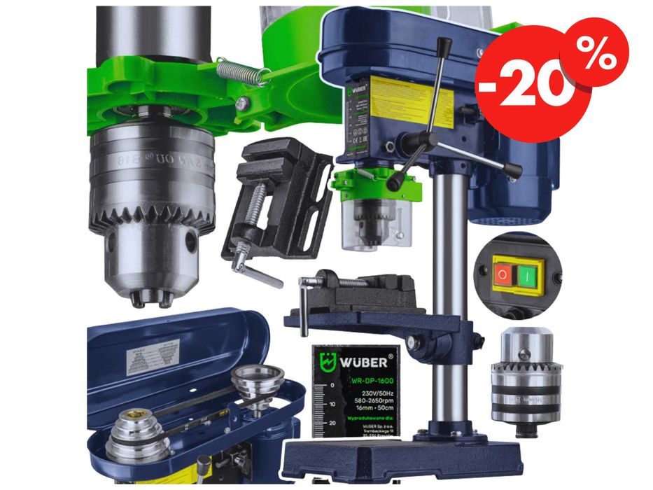 Wiertarka Stołowa Kolumnowa Słupowa 1600W Ślusarska + Imadło -20%