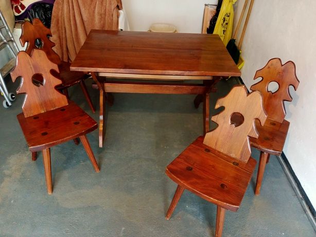 Stół, stół dębowy z krzesłami, zydle, Cepelia