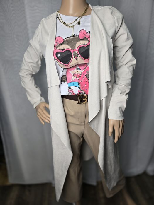 Kardigan Narzutka beżowa latte zamsz zamszowa asymetryczna długa S