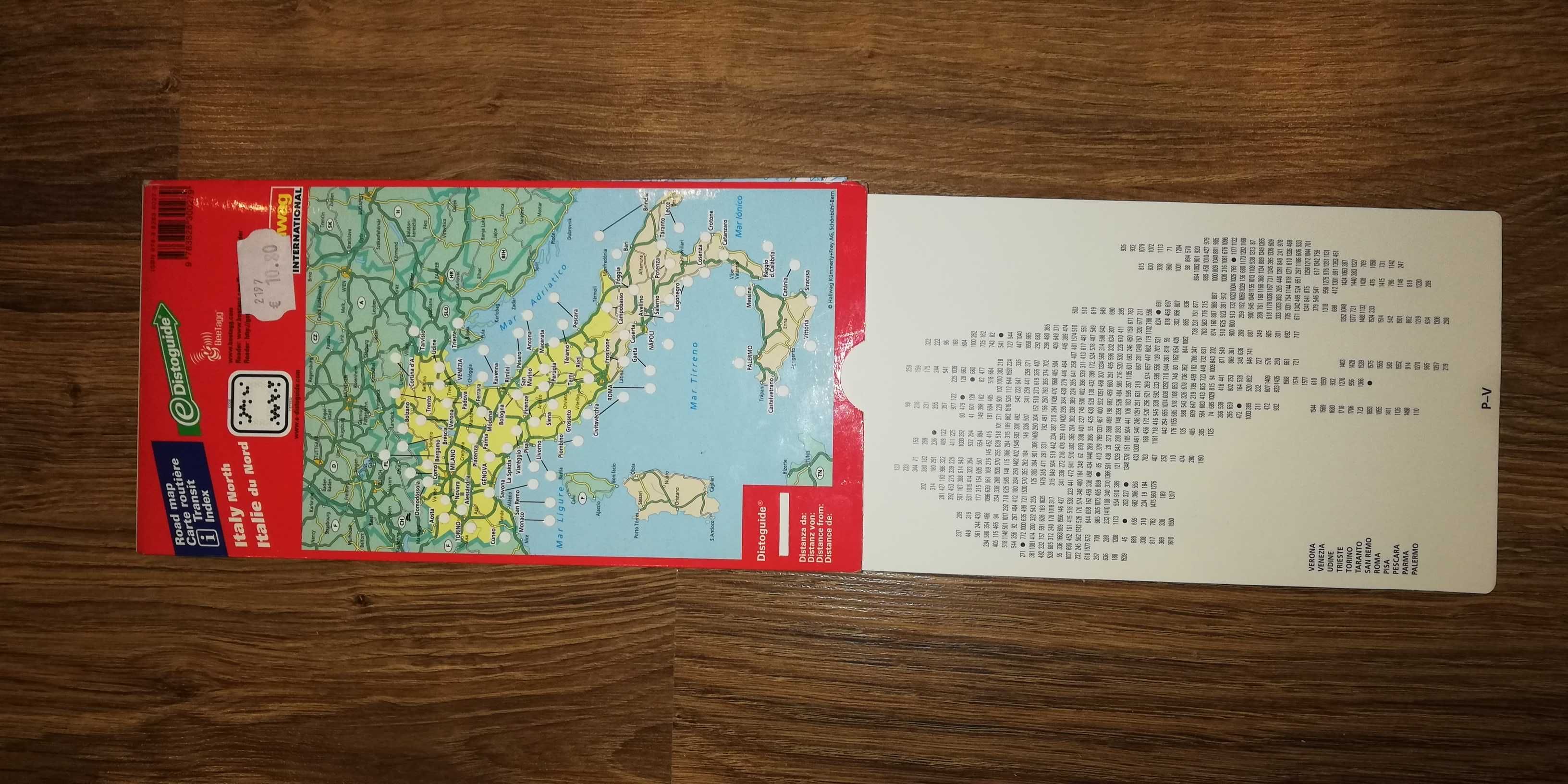 mapa samochodowa papierowa z tabelą odległości Włochy lub Szwajcaria