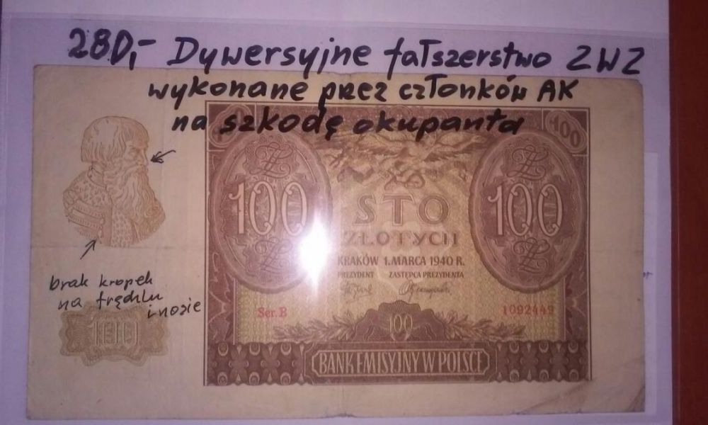 Fałszerstwo ZWZ banknotu 100 zl 1940 r