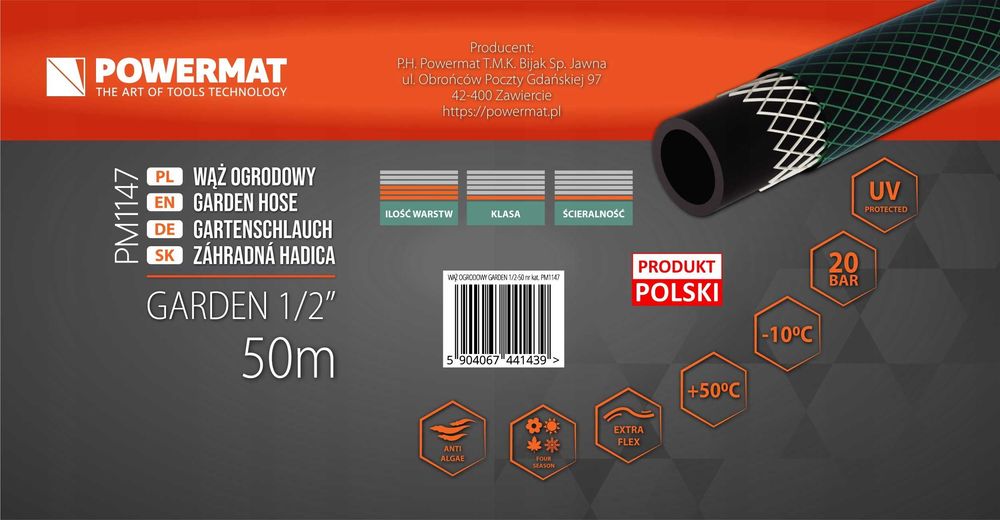 Wąż OGRODOWY Do Wody 1/2'' 50m 3 Warstwowy 20 Bar PM1147