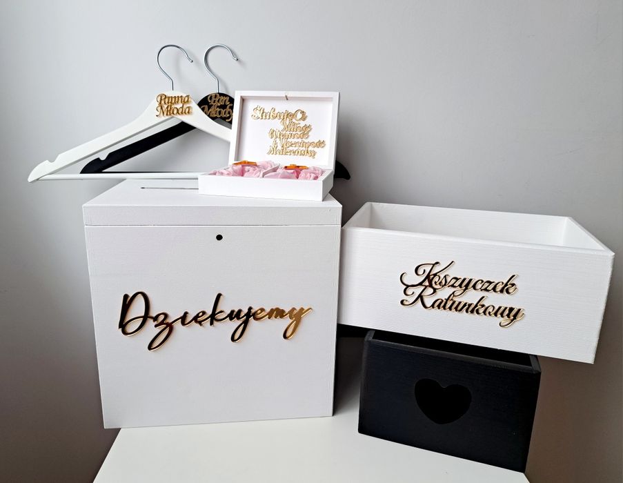 2 wieszaki ślubne Pudełko na koperty obrączki Koszyczki ratunkowe plek
